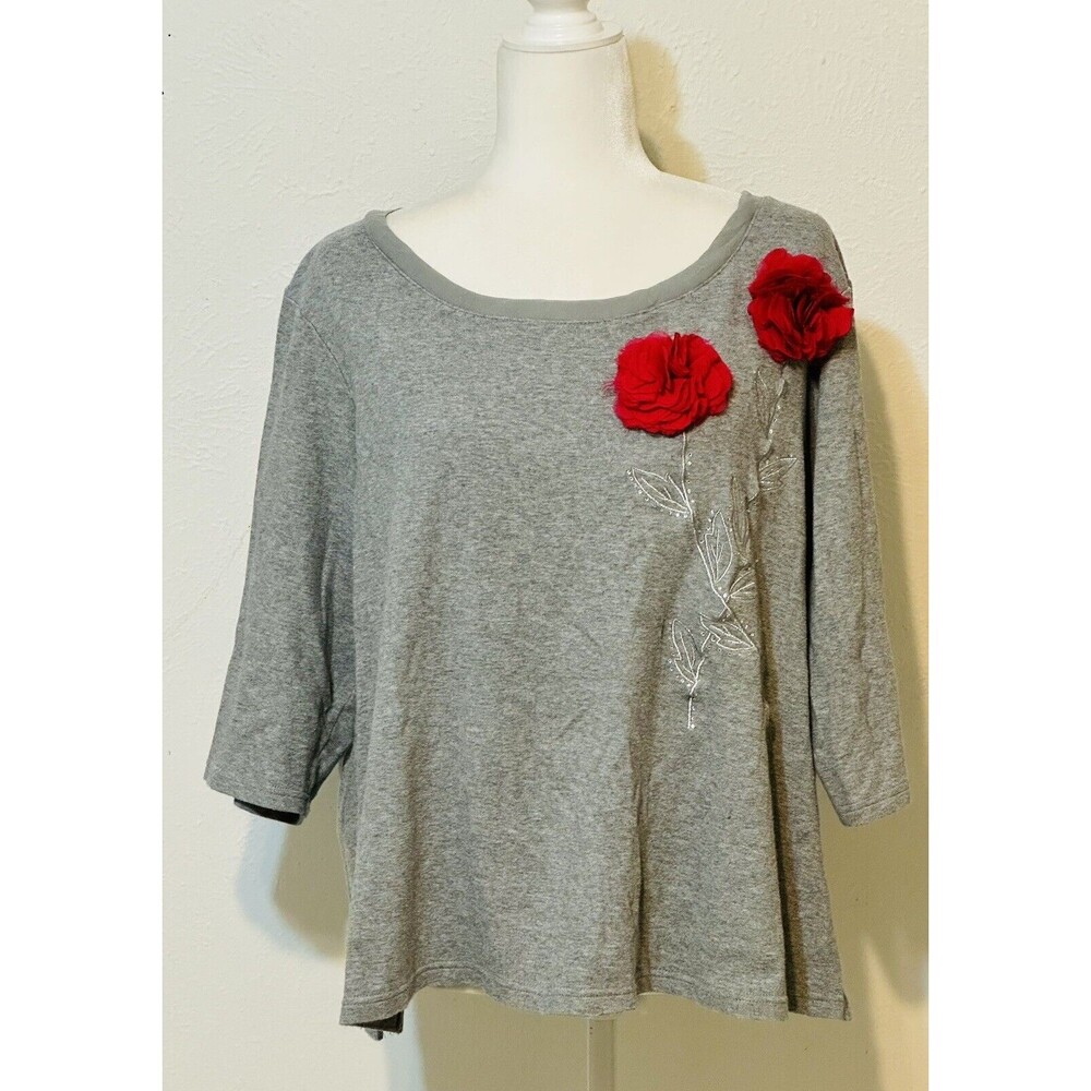 Quacker Factory Women Size 1X Grey 3D Roses Sequined Boho Occasion Embellished